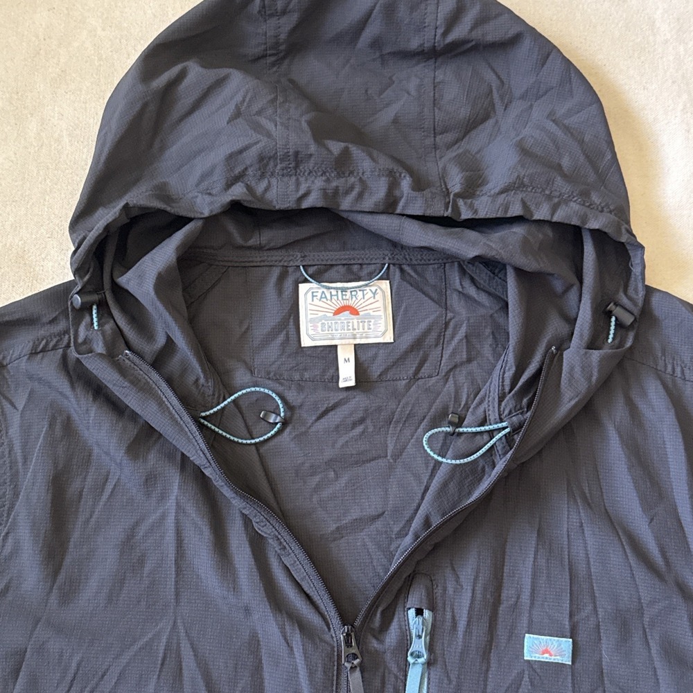 Faherty Mens SHORELIFE Surf Jacket Size Medium Hooded Windbreaker Black W Green - Picture 2 of 10